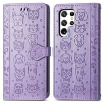 for Samsung Galaxy S23 Ultra Case, Premium PU Leather Wallet Case [Cat & Dog & Flowers Embossed] Card Slots Kickstand Magnetic Closure Flip Case Cover for Samsung Galaxy S23 Ultra,Purple