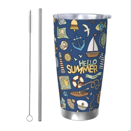 

Cauagu Marine Nautical Pattern 20oz Tumbler Stainless Steel Vacuum Insulated Tumbler with Lid Insulated Coffee Mug Thermal Cup with Splash Proof Sliding Lid-Straw Two-piece Set