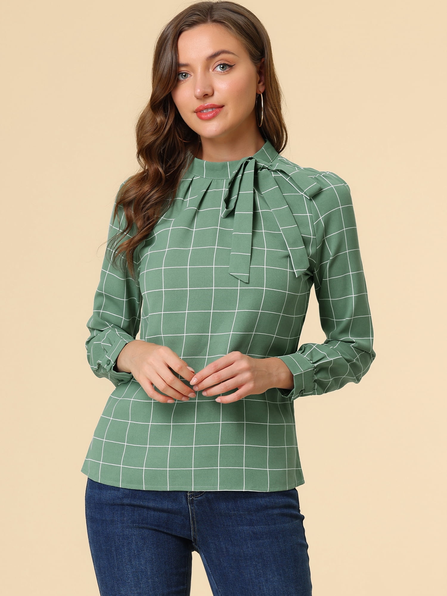 DARING DIVA Bow-Tie Neck Office Work Checks Shirt Top XL Green