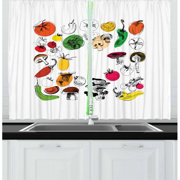 Vegetable Curtains 2 Panels Set, Pepper Mushrooms Tomatoes in Doodle Style Vegan Restaurant Theme Illustration, Window Drapes for Living Room Bedroom, 55W X 39L Inches, Multicolor, by Ambesonne