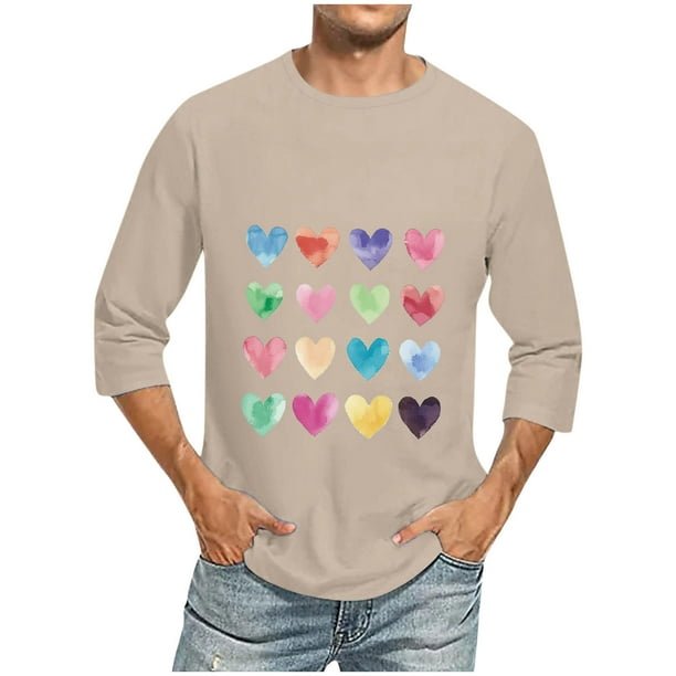Camisas de Manga Larga para los Hombres Día de San Valentín Impresión Cuello Redondo Moda Casual, Mezcla de Poliéster de Lino de Algodón para Primavera Verano