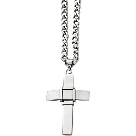Primal Steel Stainless Steel Polished and Brushed Cross Necklace, 22