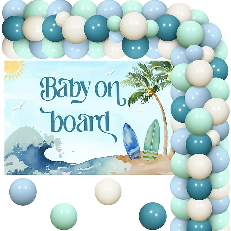 Surf Baby Shower Decorations, Baby On Board Baby Shower Decorations, Blue  White Green Balloon Garland Kit with Baby On Board Backdrop Summer Beach  Background for Baby Shower Boy Surf Birthday Party 