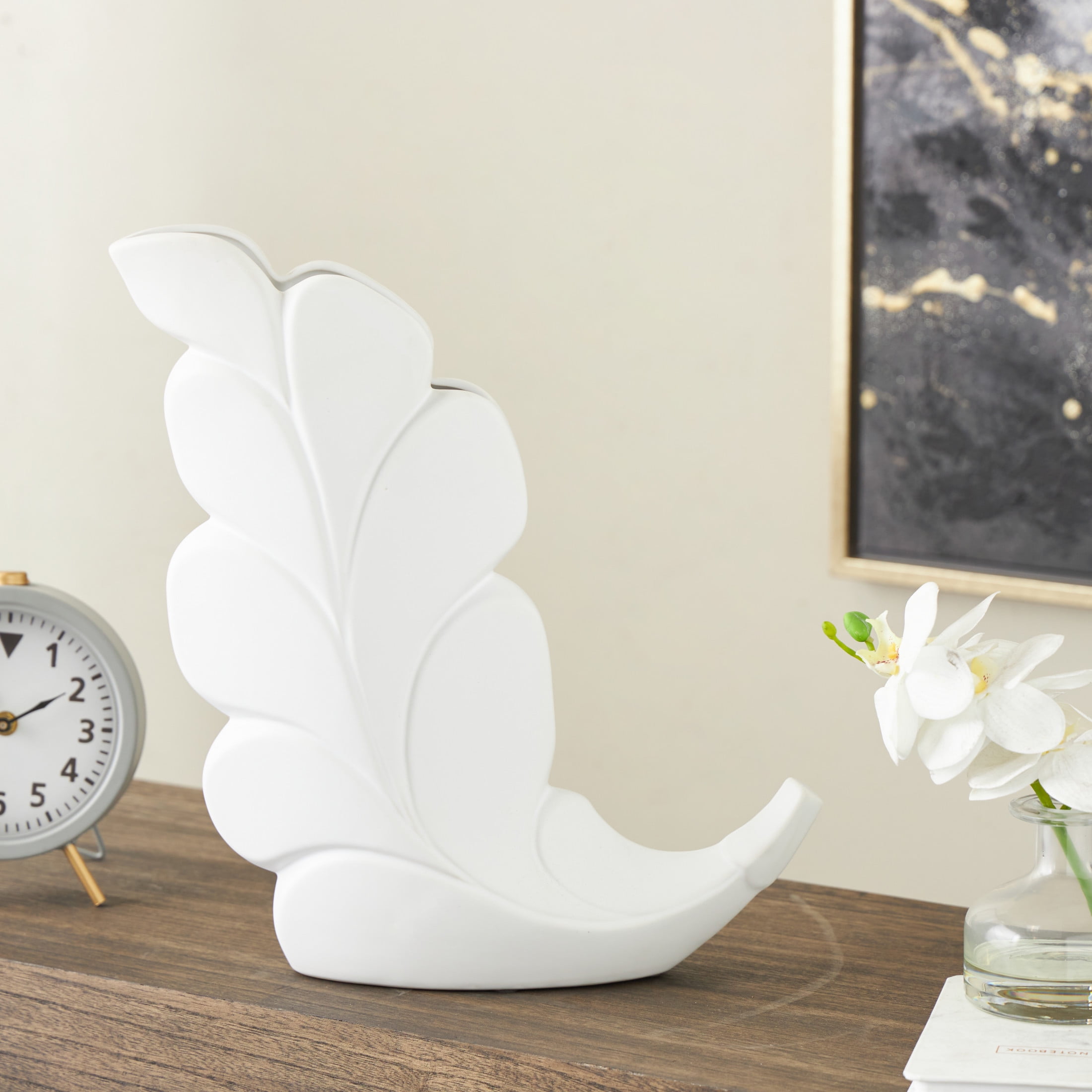 DecMode 15" Leaf Slanted White Ceramic Vase