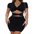 thumbnail image 3 of Women‘s Bodycon Short Sleeve V Neck Pleated Hollowed Out Slim Fit Mini Short Dress, 3 of 7