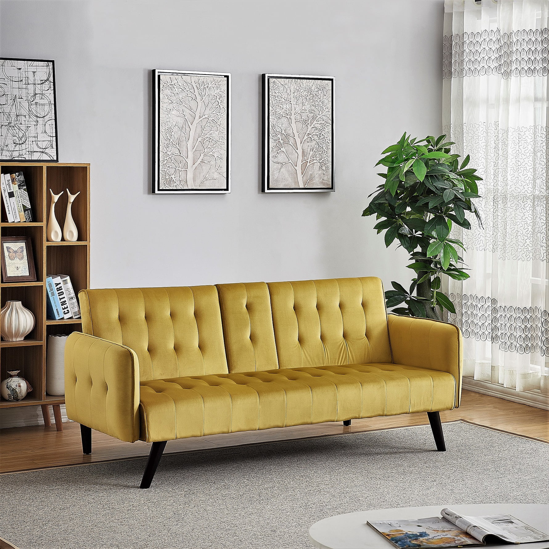 Uspridefurniture Beniamino 78'' Velvet Square Arm Twin Sleeper,Yellow