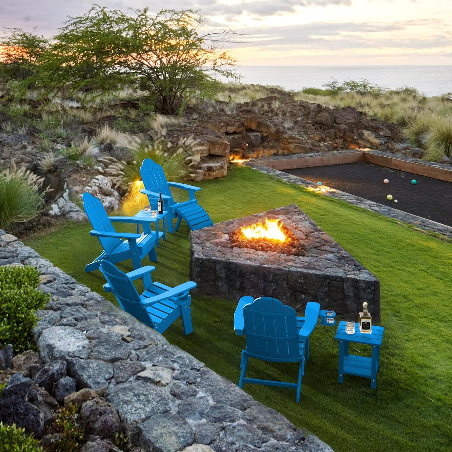 Dycanpo Folding Adirondack Chairs Set of 2,Fire Pit Patio Garden Chair with Cup Holder,Bright Blue