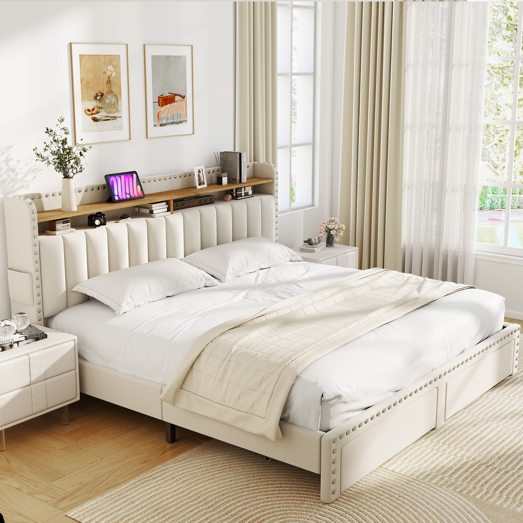 Romorgniz King Size Bed Frame with 2 Storage Drawers and 2-Tier Storage Shelf Upholstered Bed Frame with Headboard Platform Bed Frame Noise-Free No Box Spring Needed,Beige