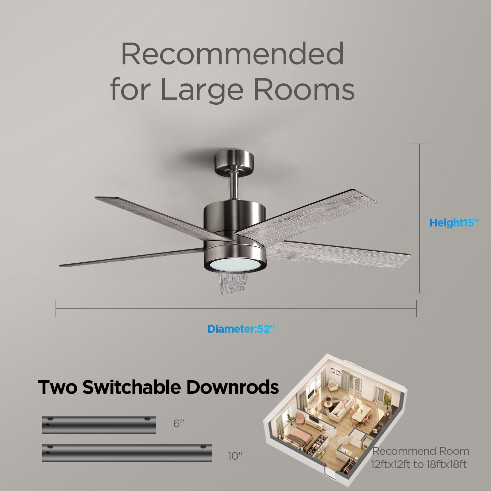 Vagizm 52-Inch Brushed Nickel Downrod Mount Modern Ceiling Fan with Light and Remote Control
