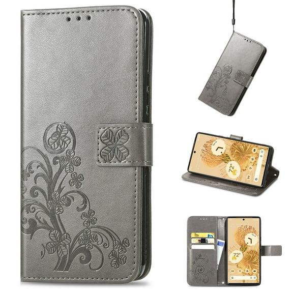 Allytech PU Leather Case for Google Pixel 6 Pro 2021 Wallet Cover with Kickstand, Folio Flip Wristlet Shockproof ID Credit Card Slots Holder Magnetic Snap Emboosed Case for Pixel 6 Pro 5G 6.7", Gray