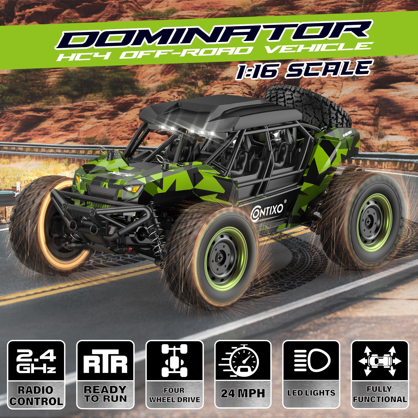 Contixo HC4 Off-Road UTV RC Car, 1:16 Scale Remote Control Cars with 4WD for Kids and Adults, Green