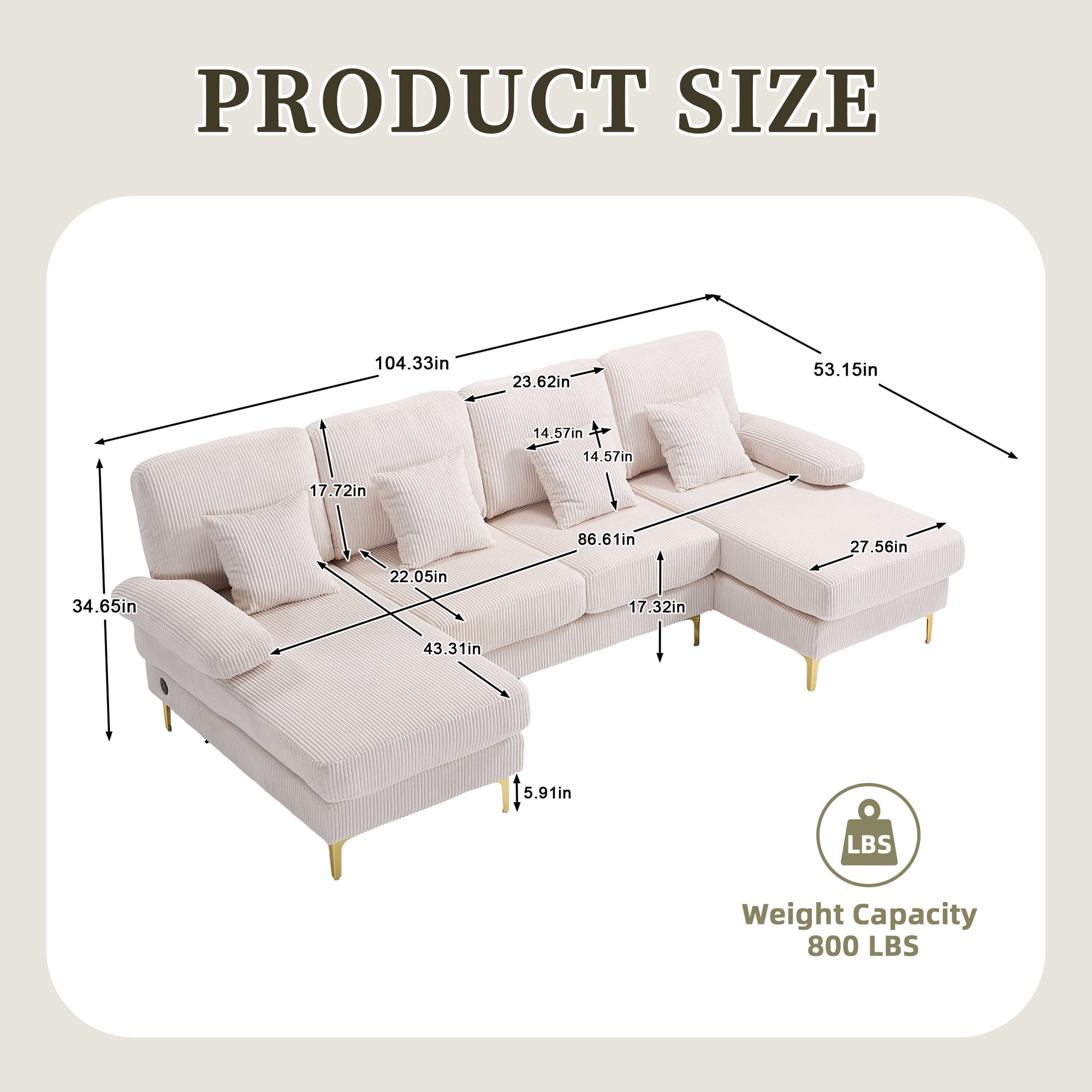 Homefun U-Shaped Corduroy Sectional Sofa 4-Seat with 2 Chaise Large Couches with USB Intelligent Lighting