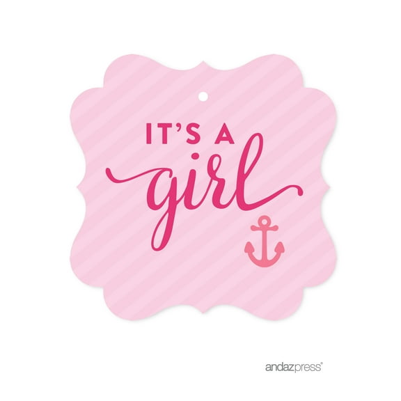 It's A Girl Bubblegum Pink Pink Girl Nautical Baby Shower Fancy Frame Gift Tag, 24-Pack