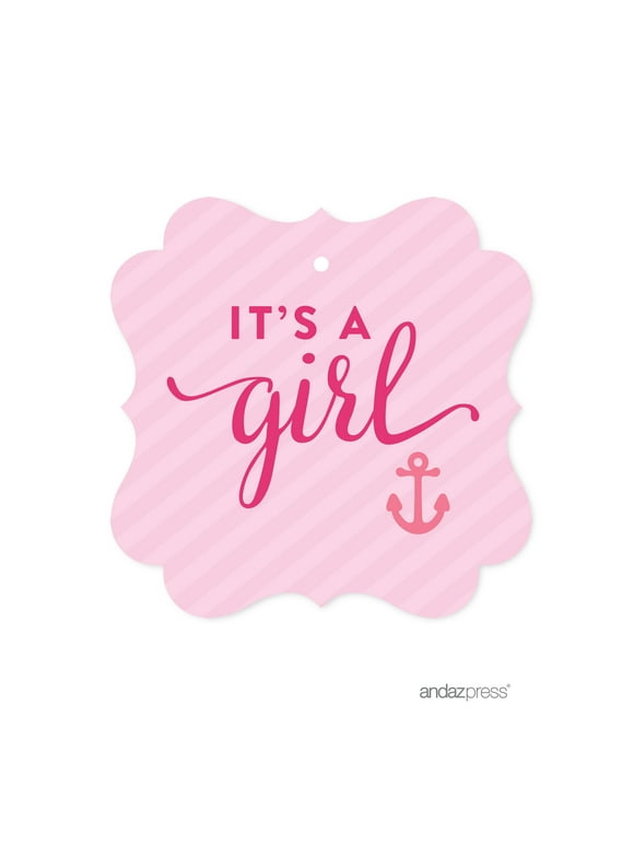 It's A Girl Bubblegum Pink Pink Girl Nautical Baby Shower Fancy Frame Gift Tag, 24-Pack
