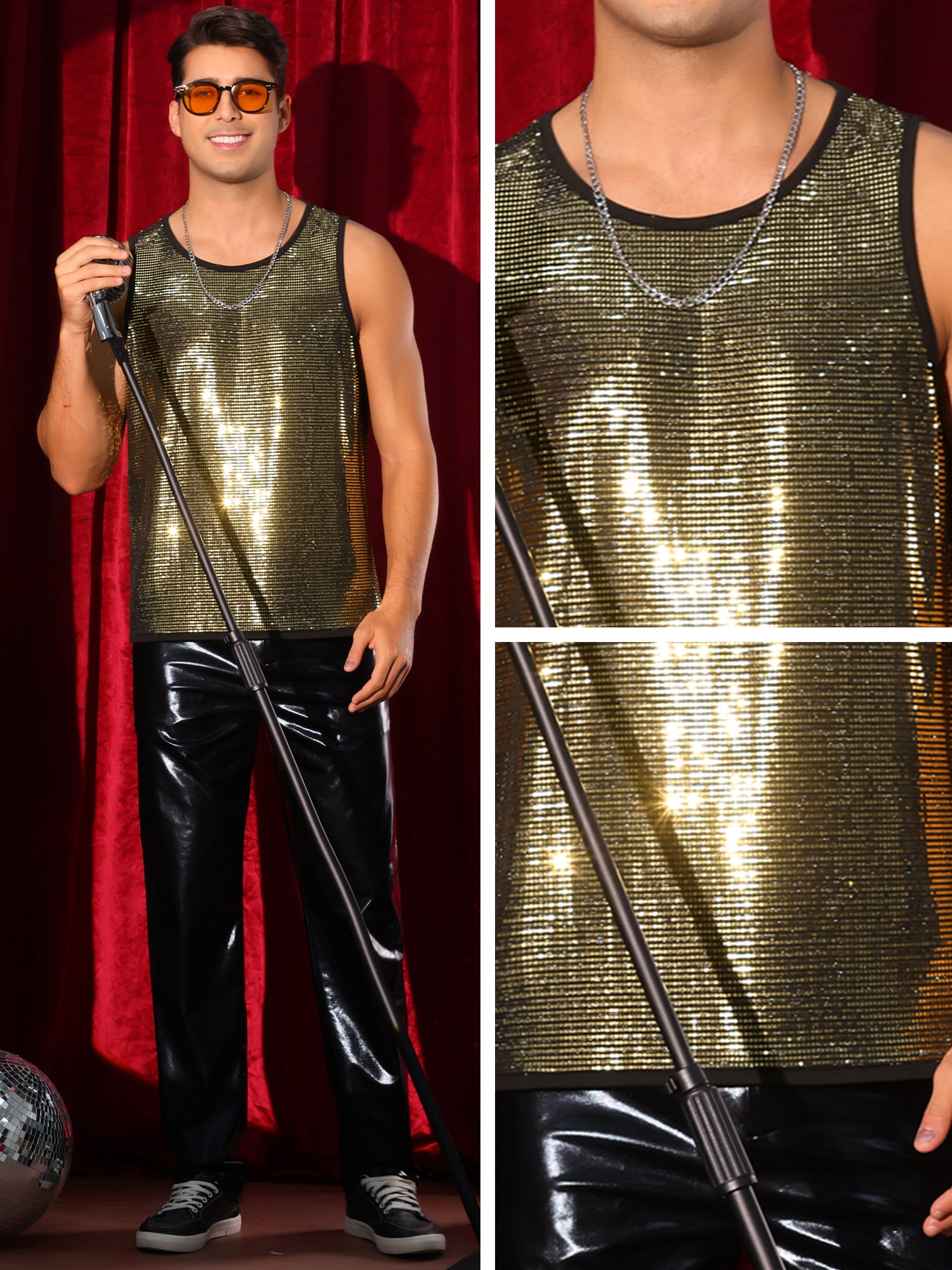DARING DIVA Men's Sequin Tank Top Metallic Sparkle Glitter Sleeveless Tank Vest XL Gold