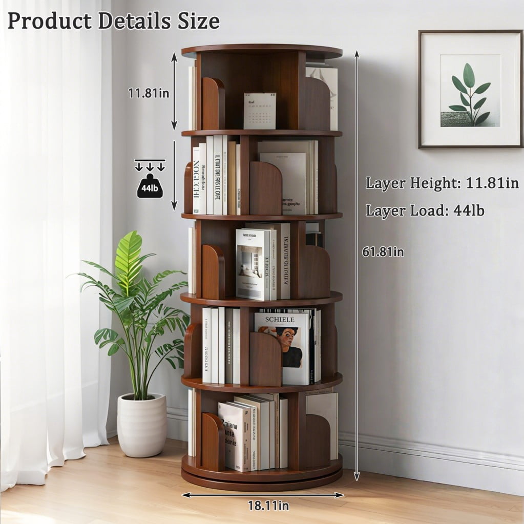 5-Tier Rotating Bookshelf, 360° Spinning Bookcase Tower, Space-Saving Round Display Shelf for Books, Magazines & Decor, Small Space Organizer for Bedroom, Living Room & Office, Walnut
