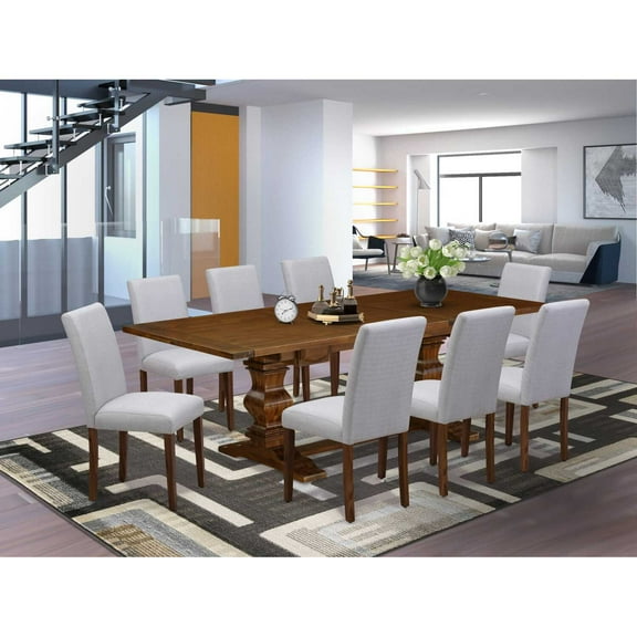 East West Furniture LAAB9-88-05 9Pc Dining Table Set Consists of a Dinette Table and 8 Parson Dining Chairs with Light Sable Color Linen Fabric, Medium Size Table with Full Back Chairs, Distressed...