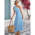thumbnail image 3 of Blue Womens Loose Casual Resort Maxi Dress With One Shoulder And 3D Floral Decor, 3 of 8