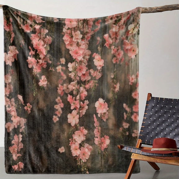 Luxurious Floral Print Flannel Blanket - Cozy, Soft, and Warm with Pink Cherry Blossoms Design, Ideal for Sofa, Bed, Car, Office, Camping & Travel - Perfect All-Season Gift