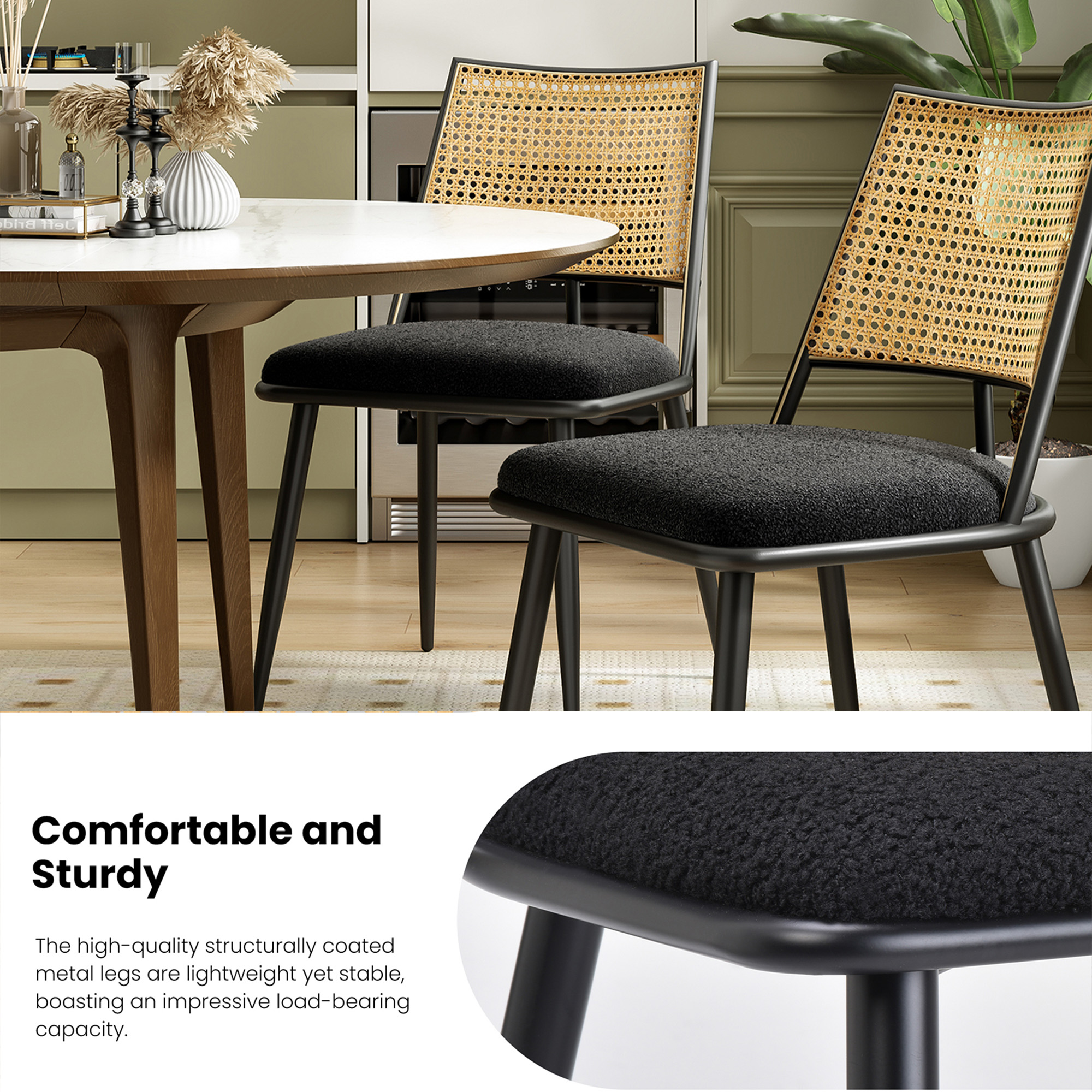 MAYEERTY Black Dining Chairs Set of 2, Rattan Backrest, Metal Frame, Boucle Upholstery for Living Room