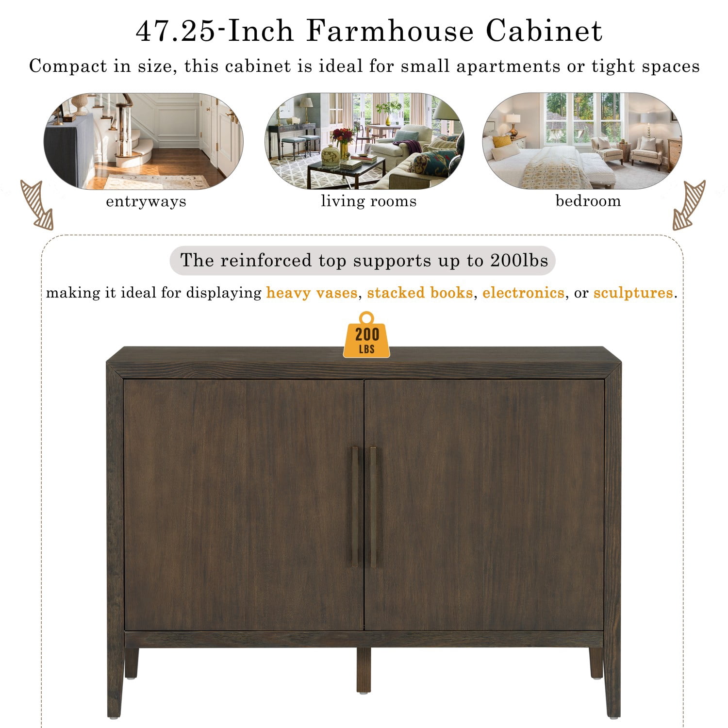 47.25" Farmhouse Sideboard Buffet Cabinet with Storage, 2 Door Wooden Coffee Bar Cabinet with Pine Veneer and Metal Handles for Kitchen, Living Room, Entryway, Dark Brown
