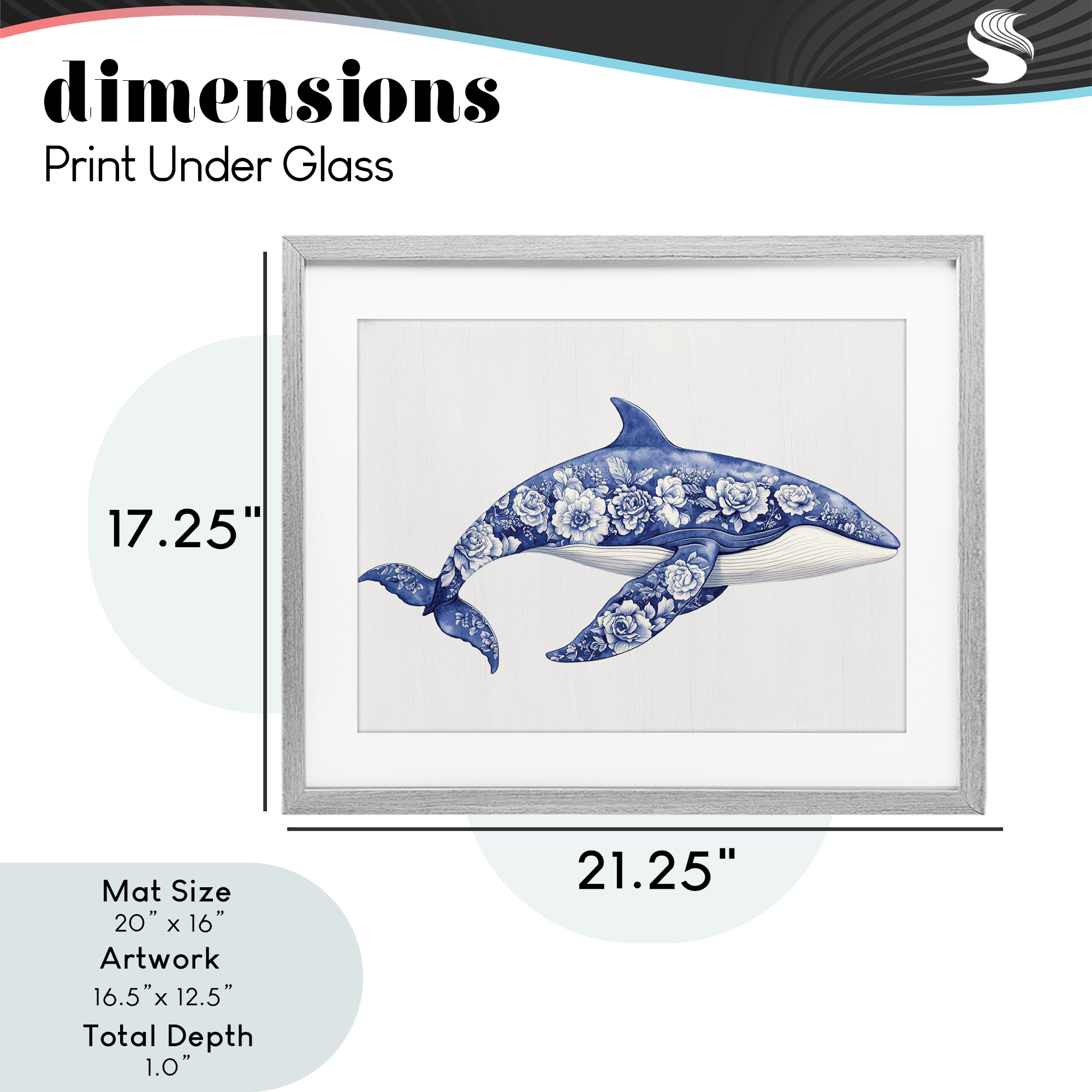 Floral Toile Whale Gray Framed Print Under Glass, design by Lettered and Lined