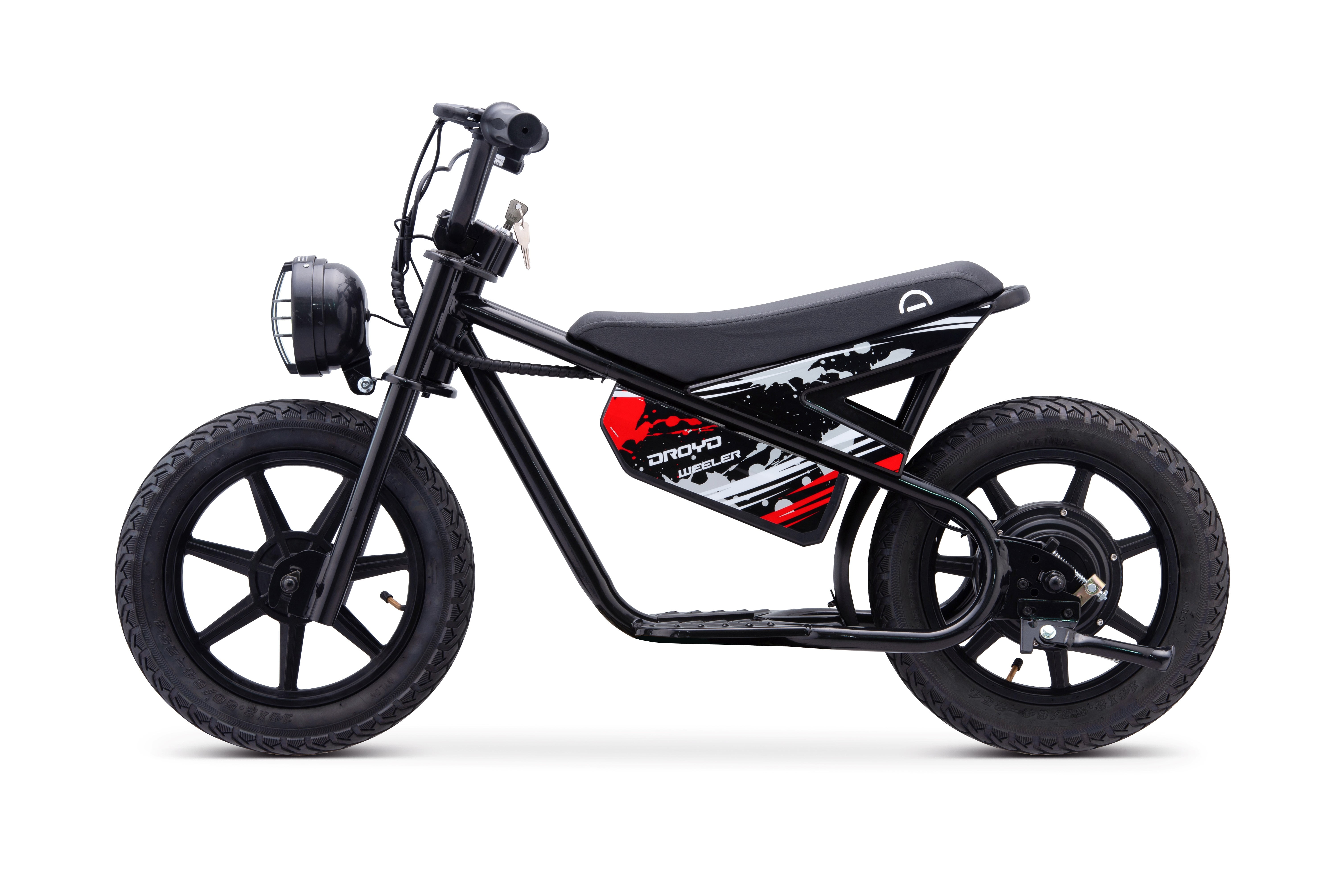 Droyd Weeler Electric Mini Bike for Kids 6-12 - 24V 8Ah Battery, 6-10 MPH, Up to 8 Miles, LED Lights