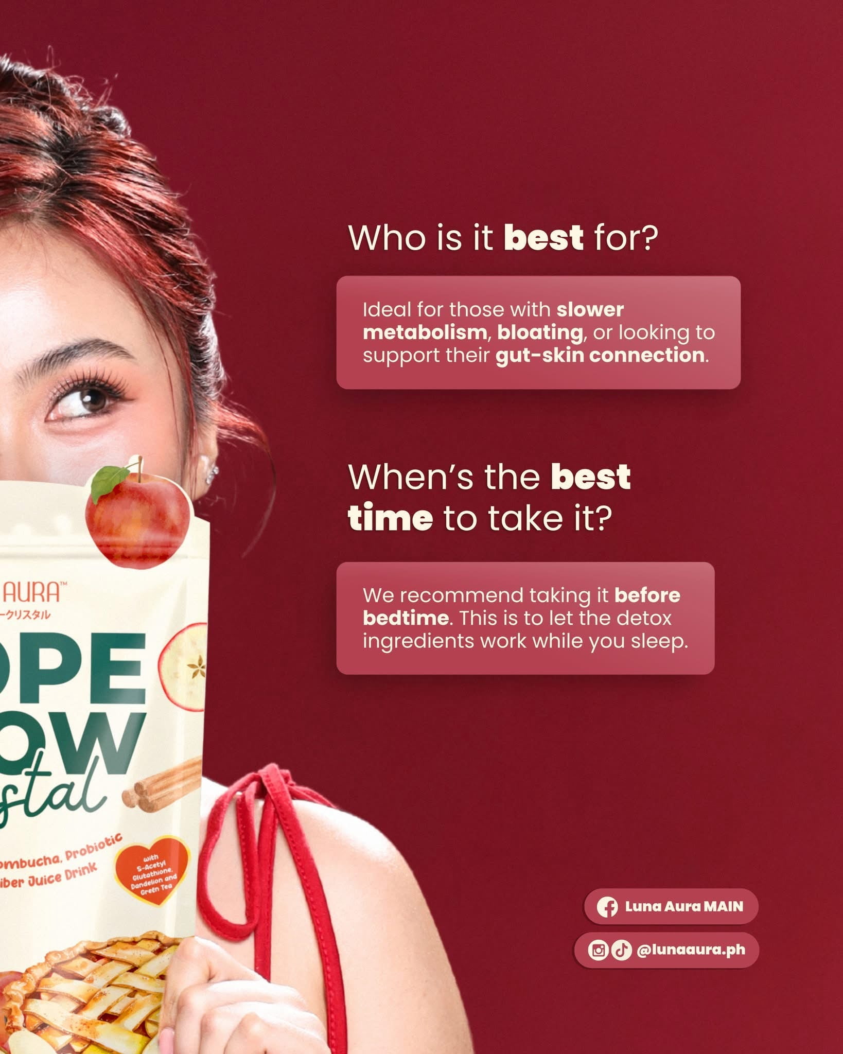 HOPE GLOW Crystal Apple Cinnamon Kombucha - Probiotic & Prebiotic Fiber Juice Drink (18g x 10 Sachets) with S-Acetyl Glutathione for Radiant Skin & Healthy Gut Support