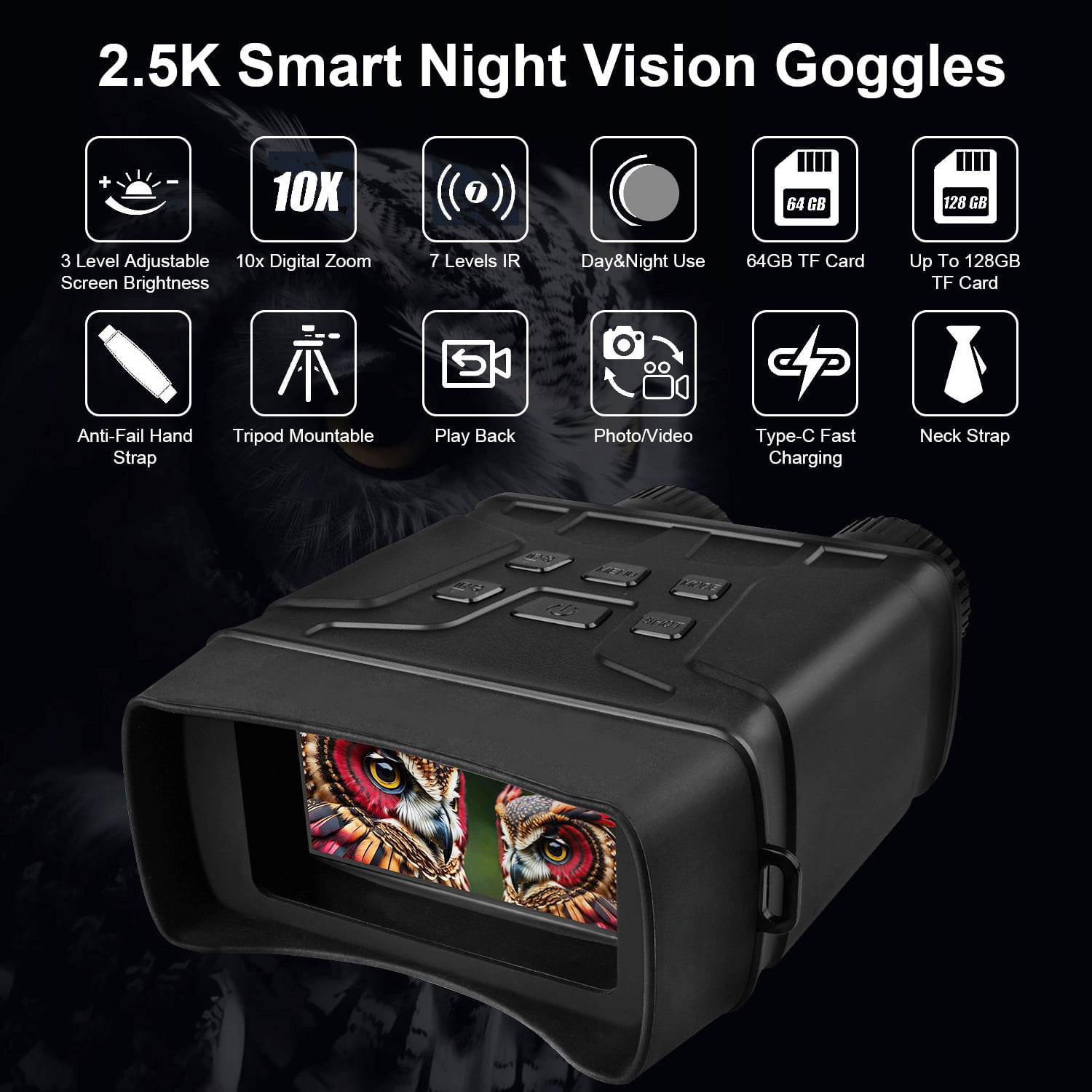ABCPOW Night Vision Goggles,7 Level Infrared Digital Night Vision Binoculars w/ 2000mAh Rechargeable Battery,64GB TF Card can Save Photo&Video, 10x Zoom 2.4'' HD Screen Thermal Binoculars for Camping