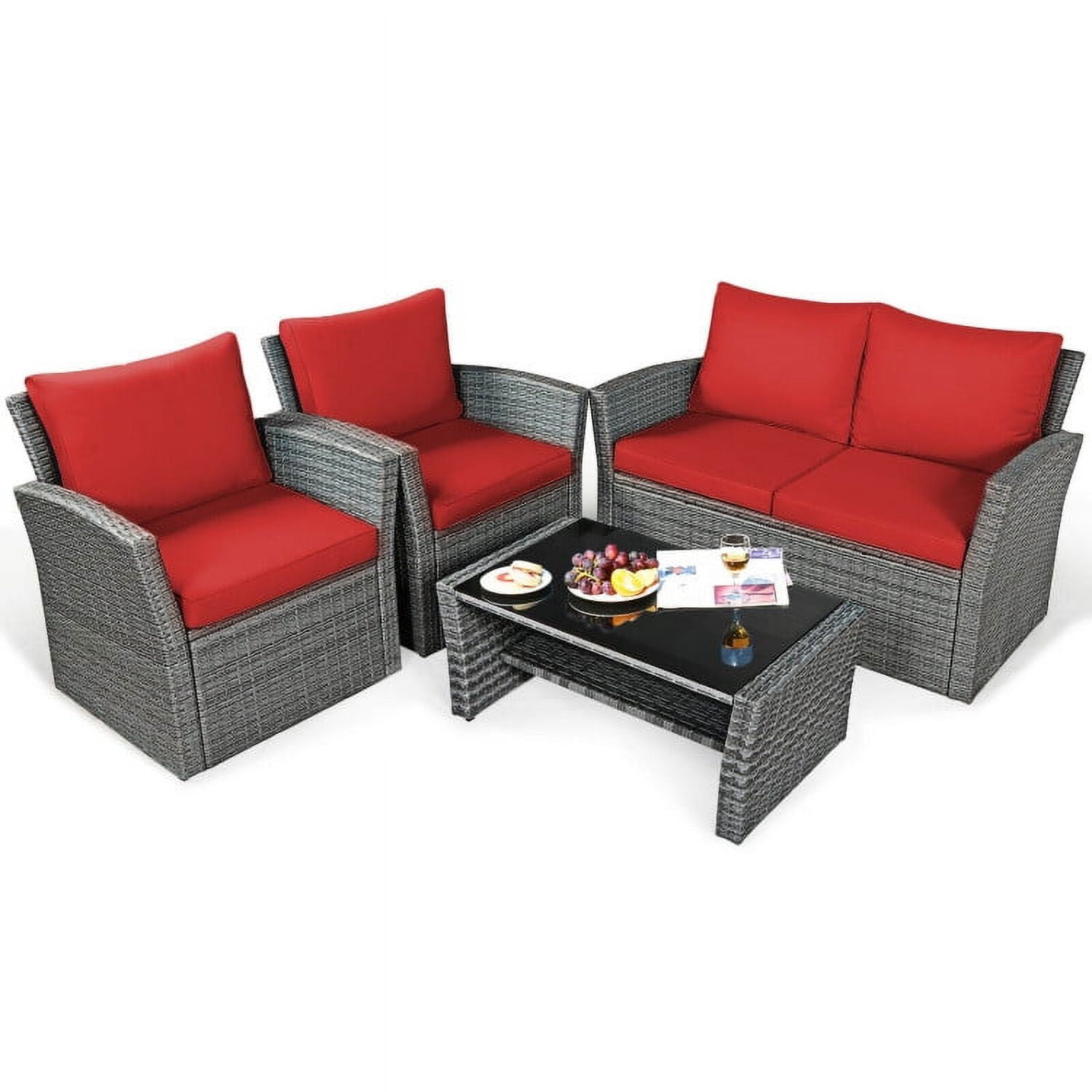 Aimee Lii 4 Pieces Wicker Patio Furniture Set Sofa Table with Storage Shelf Cushion, Modern Patio Furniture, Red Aimee Lii 4 Pieces Wicker Patio Furniture Set Sofa Table with Storage Shelf Cushion, Modern Patio Furniture, Red