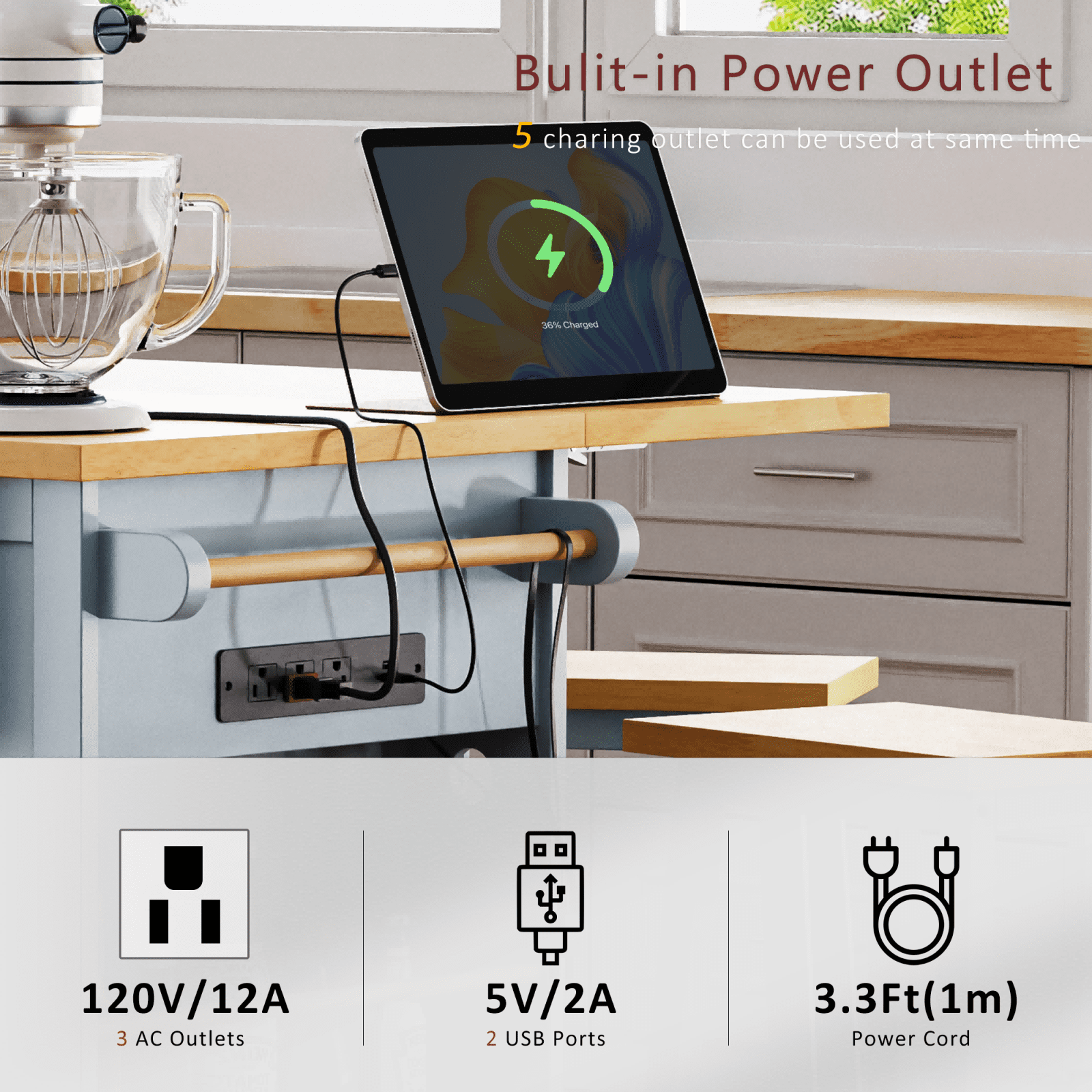 Kitchen Island with Storage, Moveable Kitchen Island with Power Outlet and Drop Leaf, Portable Kitchen Carts with Drawers and Shelves for Dinning Room