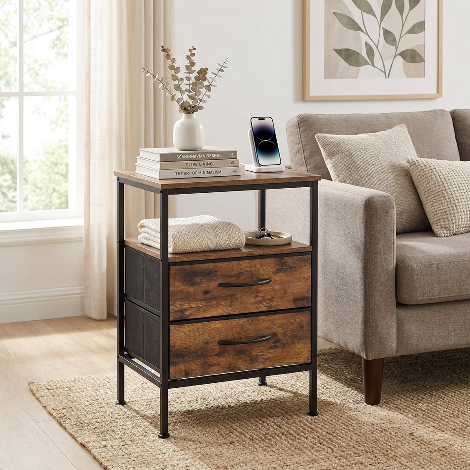 Furnibear Nightstand with Charging Station 24.5 inch Modern Bedside Table with 2 Fabric Drawers for Bedroom Living Room Bedside Sofa, Rustic Brown