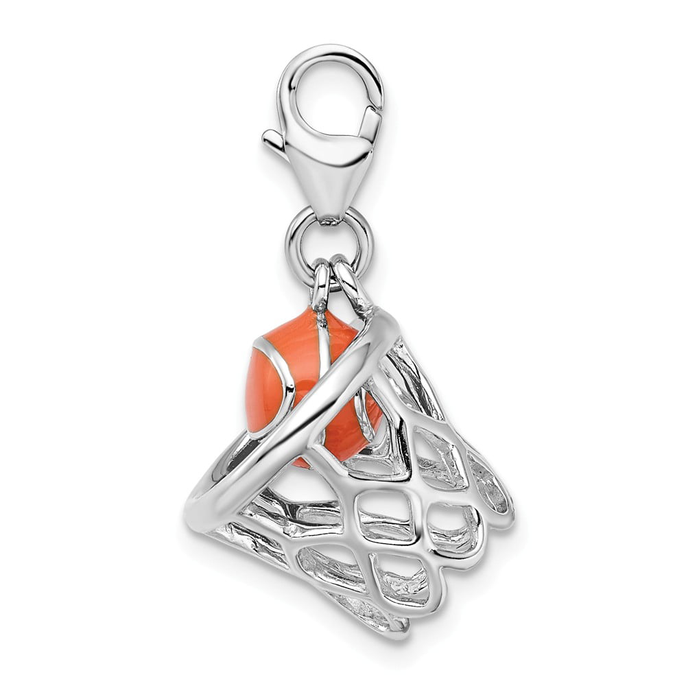 15mm x 34mm Jewel Tie 925 Sterling Silver 3-D Enameled Basketball in Net with Lobster Clasp Pendant Charm