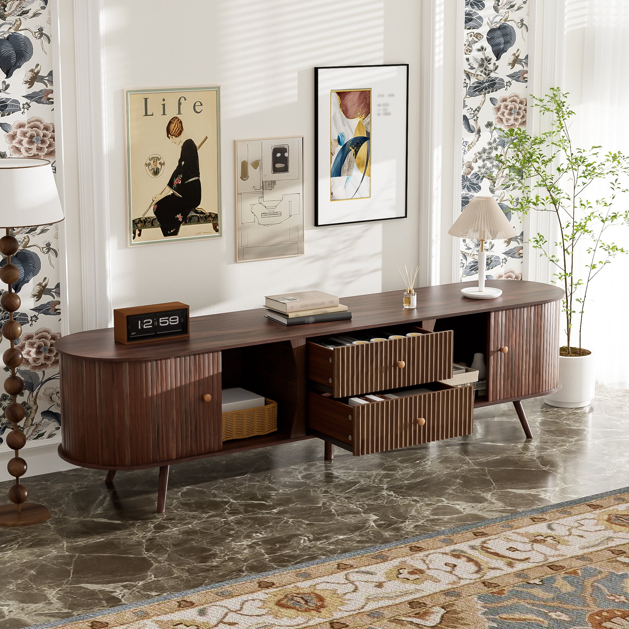 Mintazer 70" Mid Century Modern TV Stand for 80" TVs, Entertainment Center with 2 Fluted Drawers & 2 Cabinets, TV Consoles with Tambour Doors for Living Room, Dark Brown