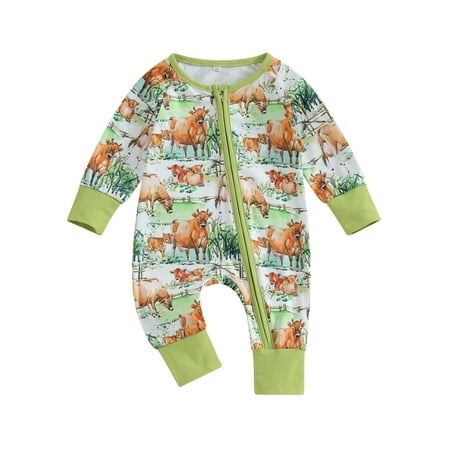 

Western Infant Baby Boys Girls Romper Casual Long Sleeve Round Neck Cow Print Zip Up Jumpsuit Cute Clothes