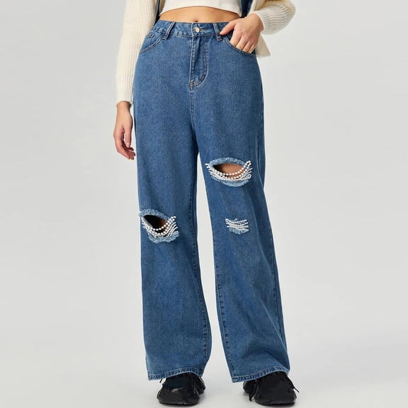QIUOMBBP Ripped Jeans Womens Baggy Wide Leg High Waisted Jean Pants Trendy Bootcut Stretchy Distressed Denim Pants, Dark Blue, L