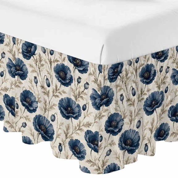 Country Floral Ruffle Bed Skirt King Size Navy Blue Poppy Leaf Vintage Botanical Linen Adjustable Elastic Dust Bed Skirts Wrap Around Bedskirt Wrinkle Free Easy Fit with 16 Inch Drop