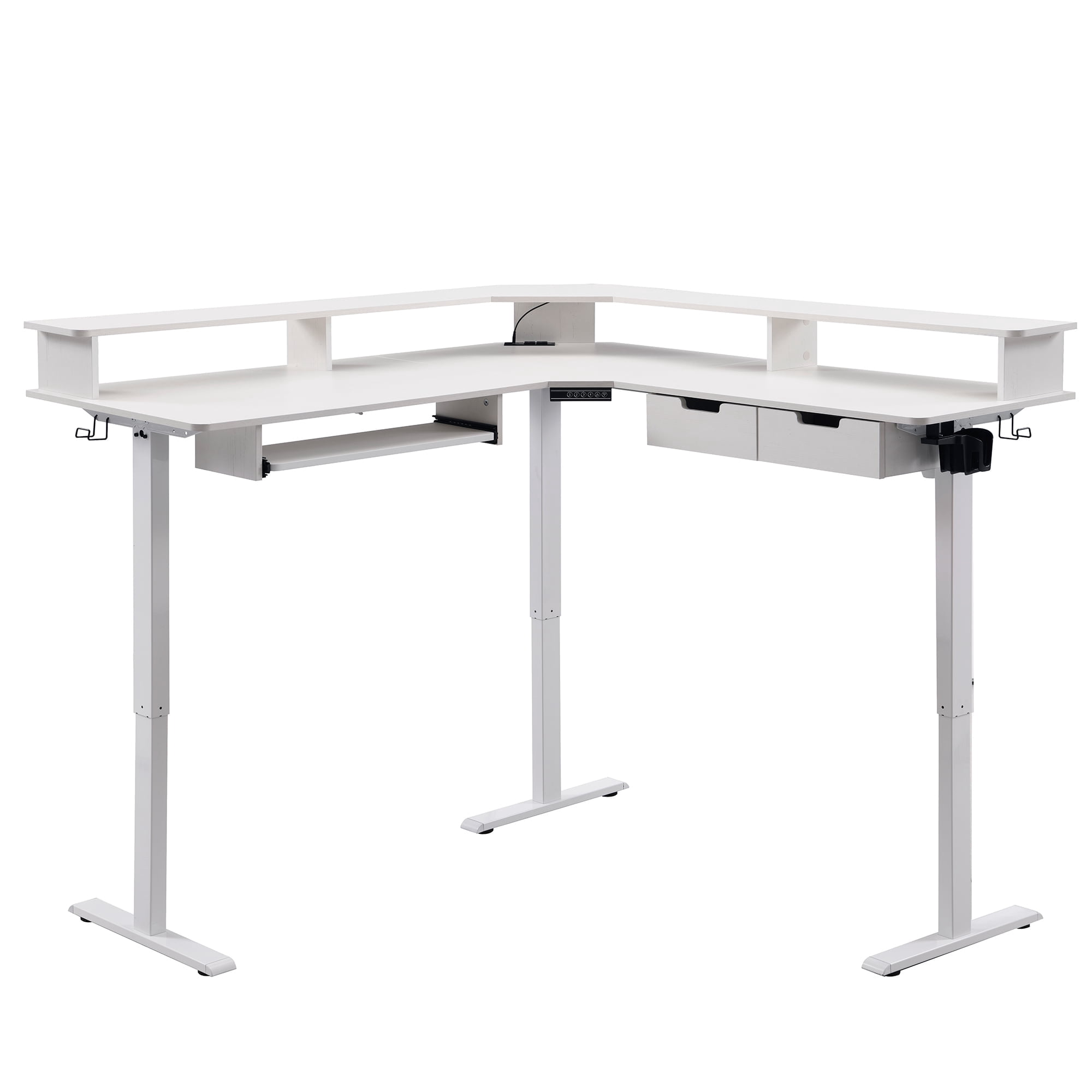 OKD 60" Electric Standing Desk with LED Strip & Power Outlets, L-Shaped Corner Desk with Shelves & Keyboard Tray, Adjustable Height Computer Desk, Antique White