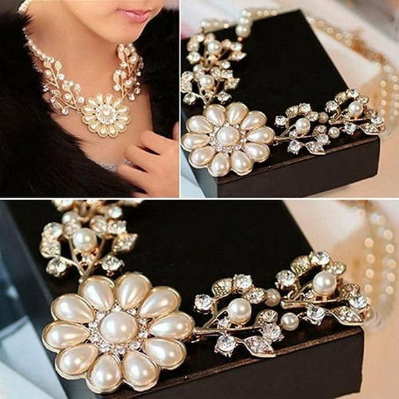 AYYUFE Women's Elegant Pearl Rhinestone Flower Bib Collar Necklace Choker