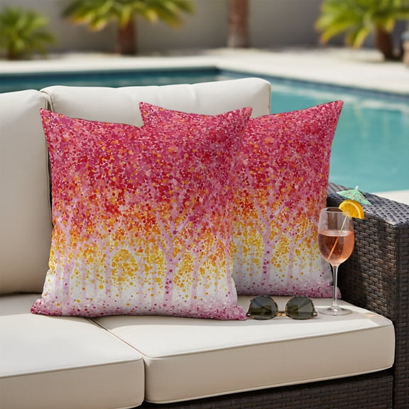 Dreamy Spring Floral Outdoor Waterproof Throw Pillow Covers Set of 2, 26"x26", Pointillism Pink Cherry‑Blossom Forest Decorative Pillow Covers Outside Cushion Case for Patio Porch Garden