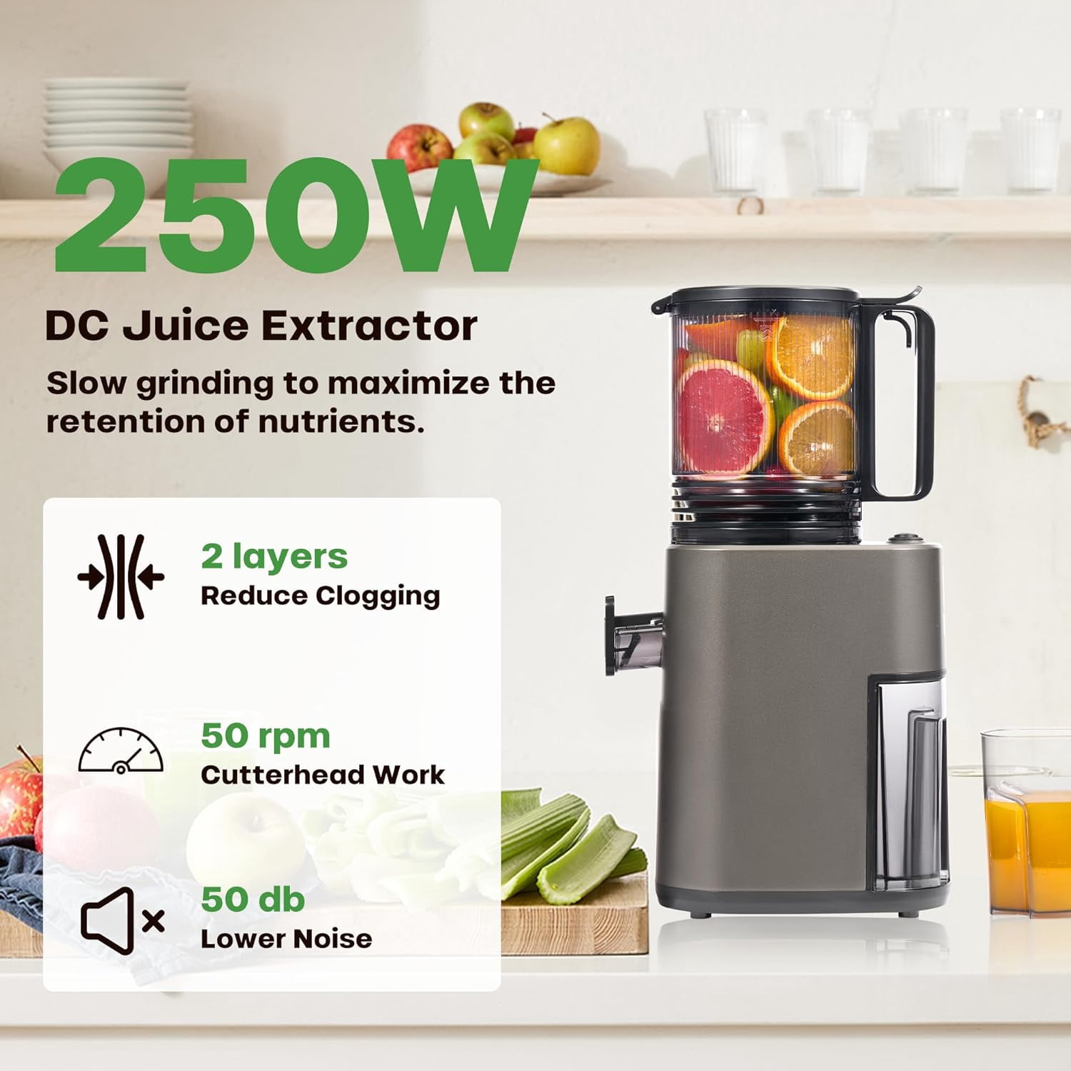 Slow Masticating Juicer Machines with 5.5" Large Feed Chute for Most Fruits and Vegetables