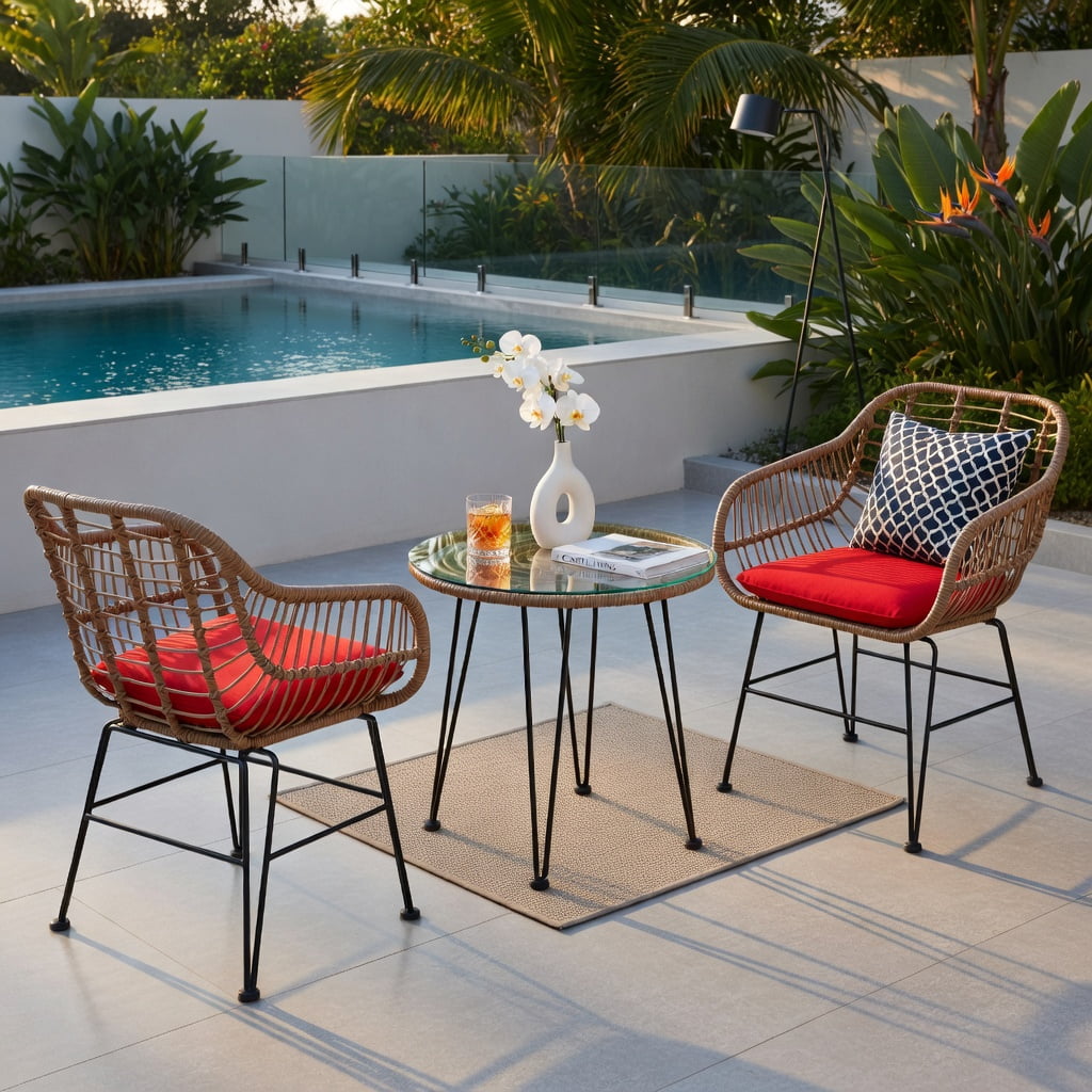 Hommoo 3-Piece Rattan Outdoor Furniture Set, 2 Cushioned Chairs + Tempered Glass Coffee Table, Weather-Resistant, Indoor/Outdoor Use, Red