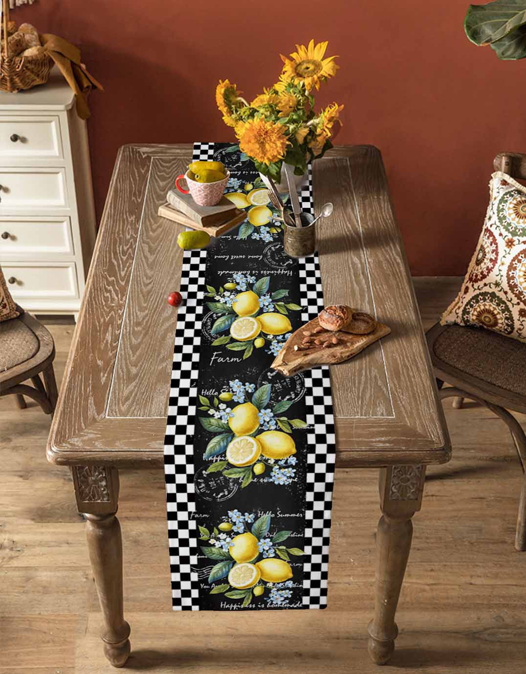Summer Lemon Burlap Cotton Table Runner 13x90 Inches Long, Vintage Black Plaid Blue Spring Floral Farmhouse Table Runners, Outdoor Dining Tablecloths Decor for Baby Shower/Party/Wedding