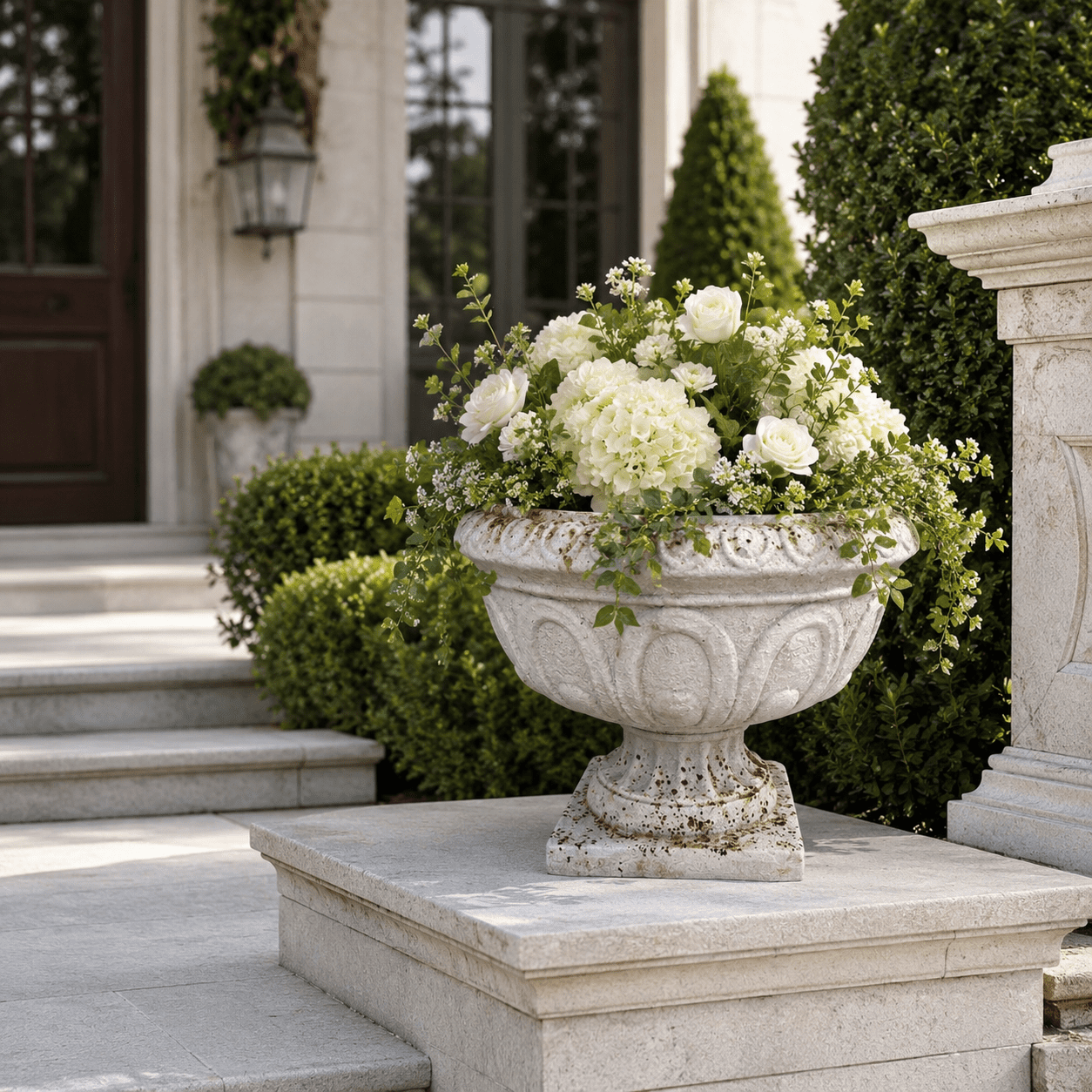 Aukfa Large MGO Garden Urn Planter, Outdoor Tall Decorative Stone-Look Flower Pot with Drainage Hole & Weather-Resistant, White