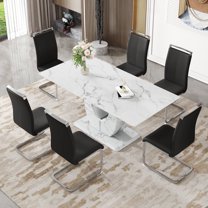 JUFU 71" Modern Dining Table Set for 6, Faux Marble Dining Table with Black PU Leather Chairs and Silver Legs, Elegant Dining Room Set for Kitchen & Living Room