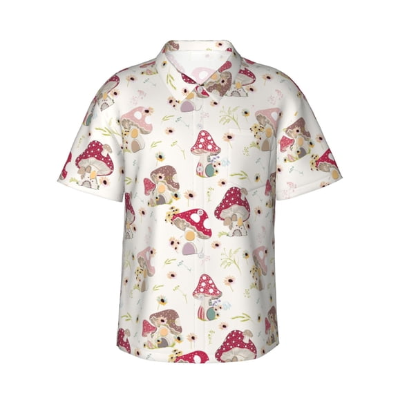 Teaboi Floral Mushroom for Men's Short Sleeve Hawaiian Shirt, Button Down Shirt for Beach Vacation,Small