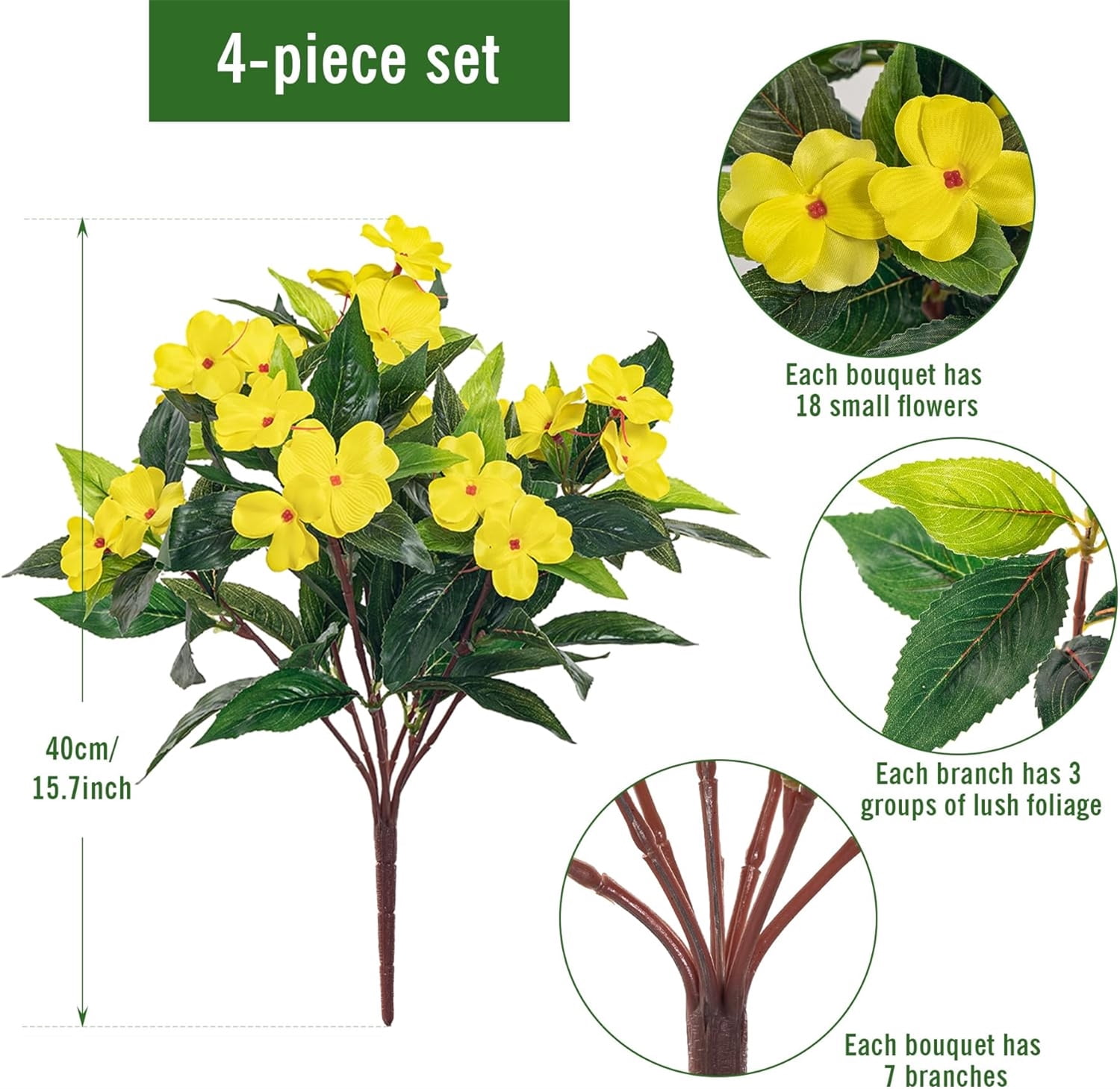 Fake Plants Fake Flowers Spring Decorations for Home Silk Impatiens Bouquet Flowers Artificial Flowers Impatiens Plants Fake Impatiens for Indoor Outdoor Balcony Decorations,4 Pcs Yellow