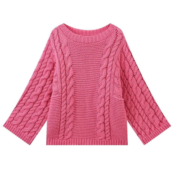 Cable Knit Sweater Women Sevevn Women's Cable Knitted Sweater Casual Solid Color Round Neck Long Sleeved Pullover Sweater Top