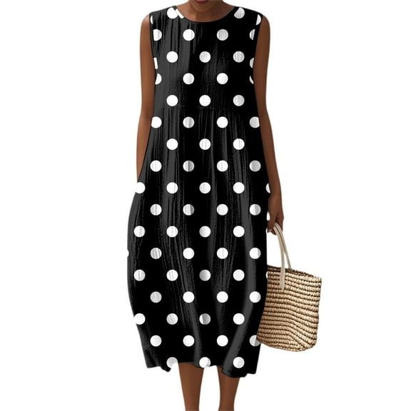 Women's 2025 Summer Fashion Casual Sleeveless Round Neck Polka Dot Printing Striped Elegant Temperament Dress