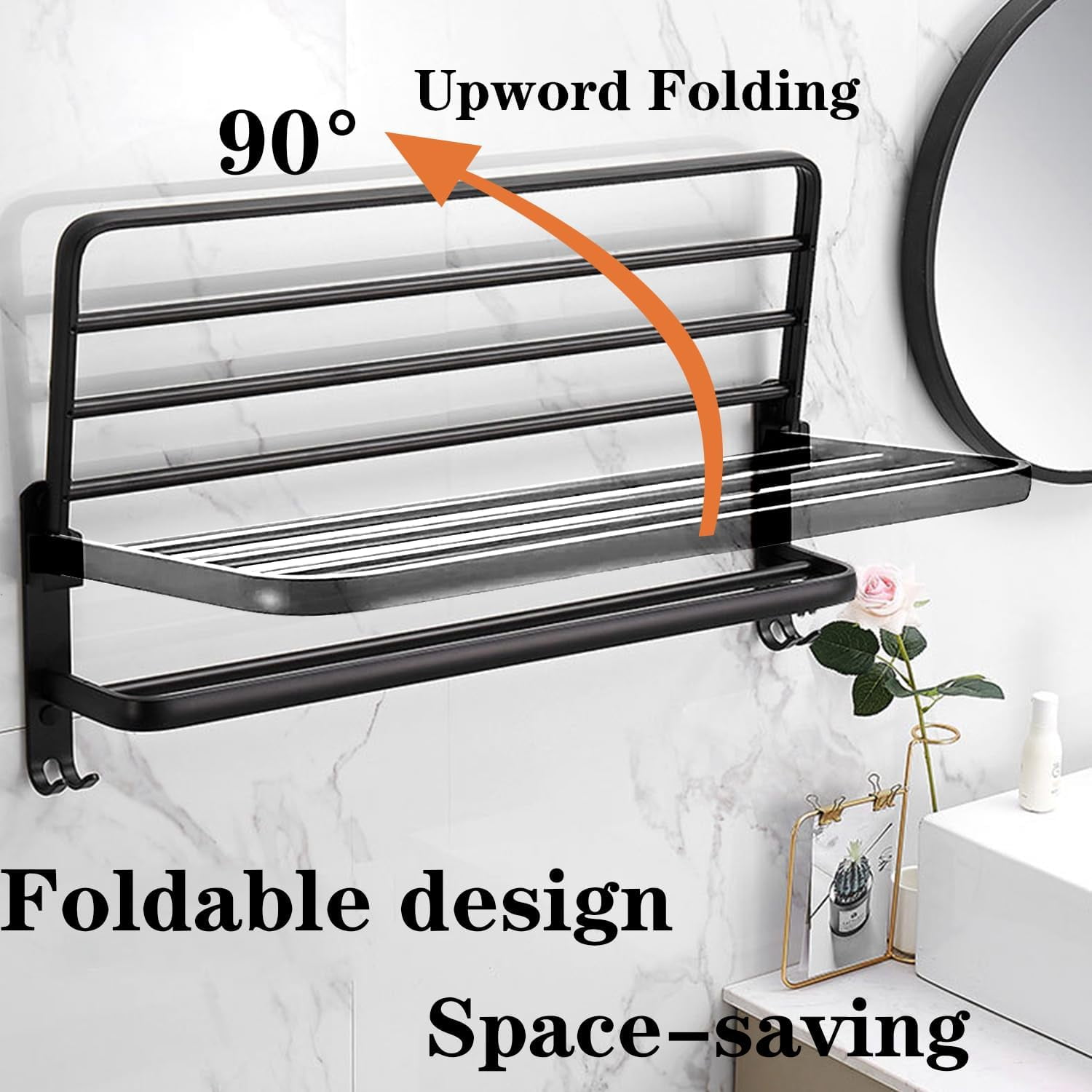 Towel Rack for Bathroom with Towel Bar, 24in Bathroom Towel Holder for Bathroom Wall Mounted, Dinosam Foldable Bathroom Towel Rack with 1 Shelf Black Towel Bar
